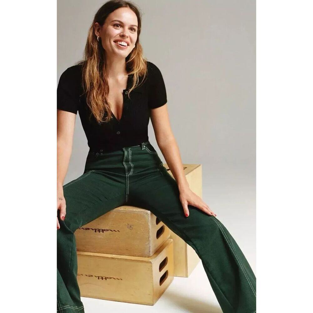 Free People High-Rise Foxy Flare Jeans Green Wide Leg Retro - Picture 7 of 16